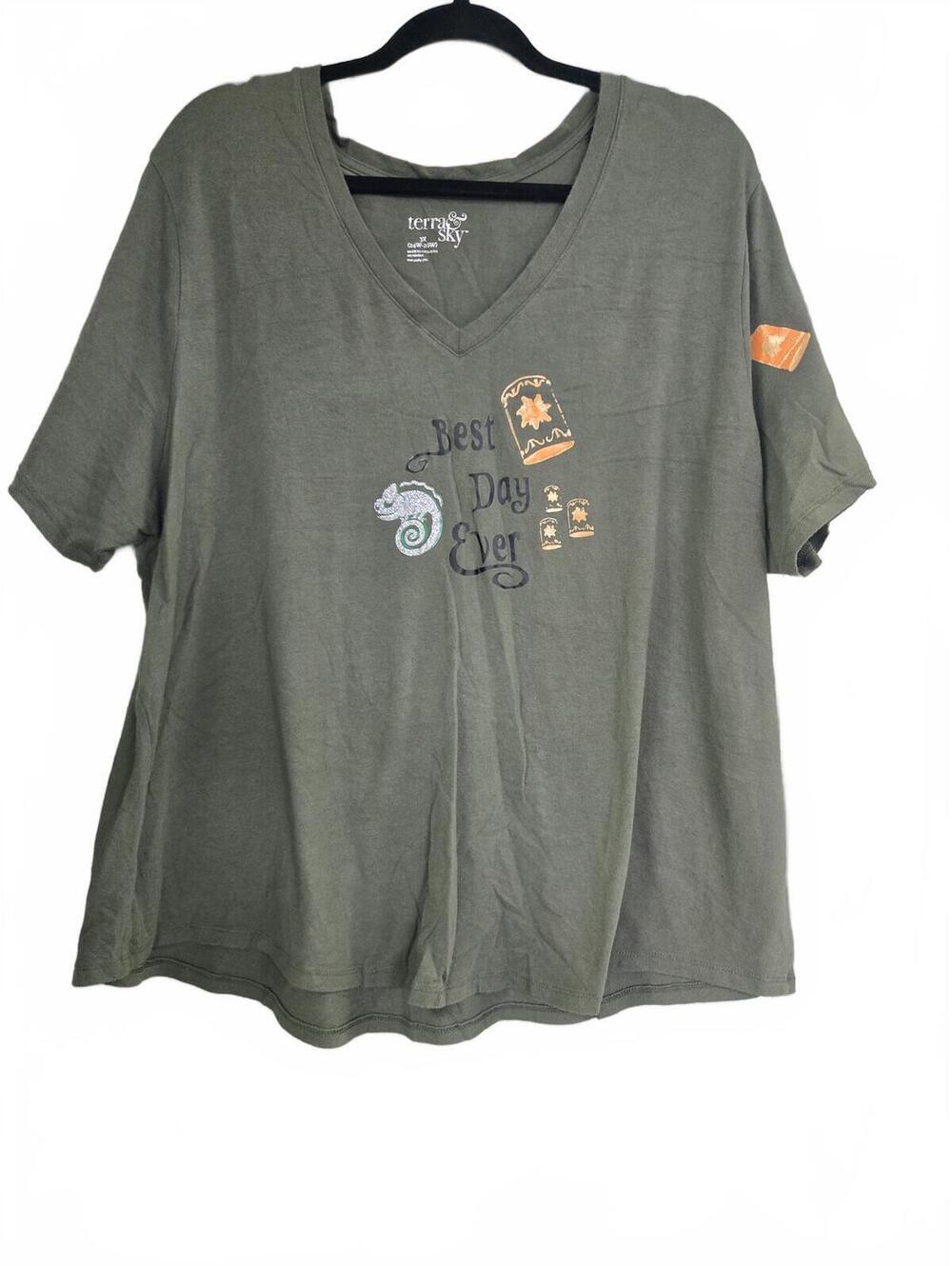 Terra Sky Olive Green V-Neck Graphic T-Shirt Size XL